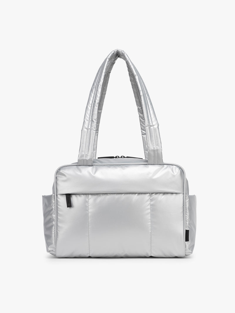 CALPAK Luka Mini Duffel in shiny Silver on a white background
