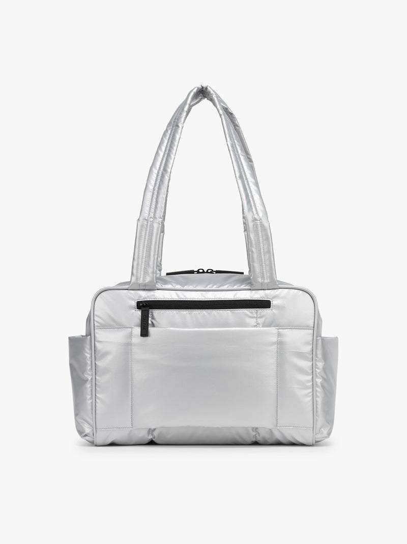 Back view of CALPAK Luka Mini Duffel in shiny Silver on a white background