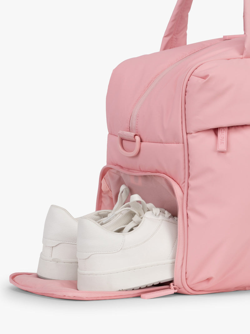 CALPAK Luka Duffel in monochrome pink Blossom shoe compartment