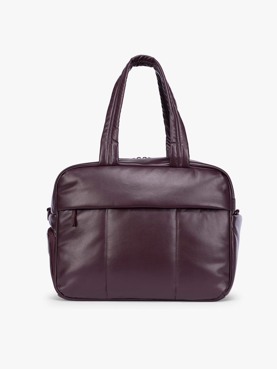 A dark burgundy CALPAK Luka Duffel in vegan leather with dual top handles and a front zippered pocket, photographed against a clean white background; DSM1901-DARK-CHERRY-PU