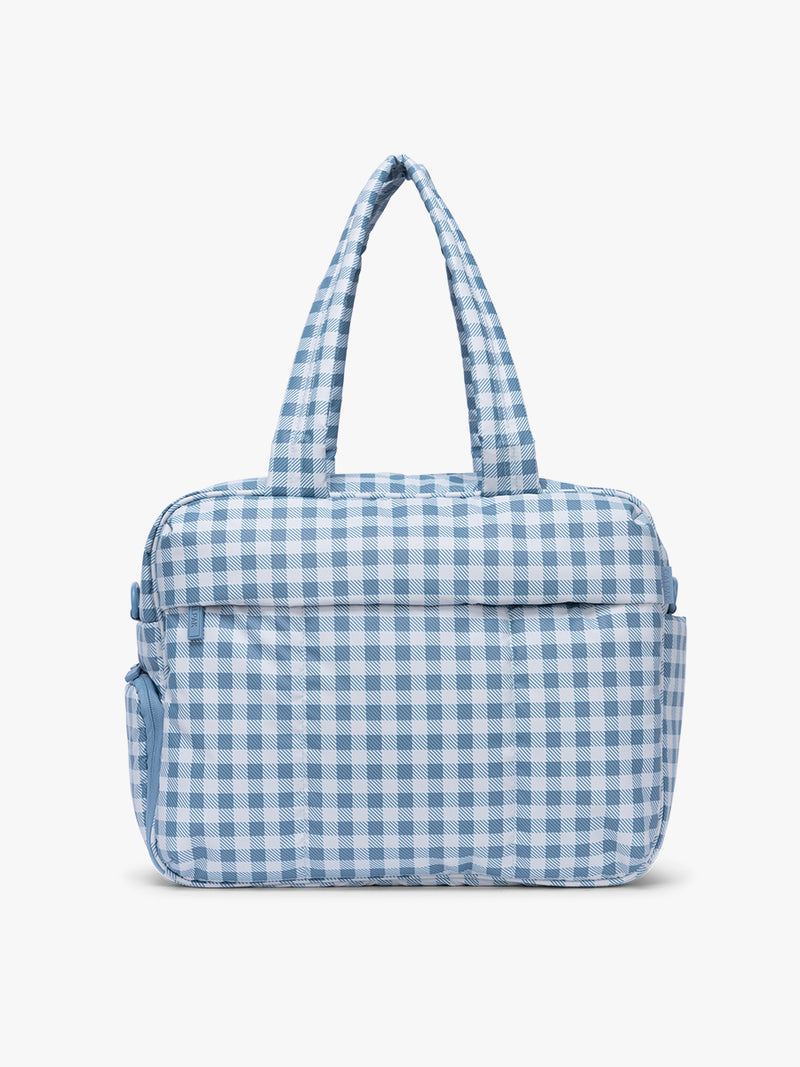 CALPAK Luka Duffel in white and blue gingham print in French Blue Gingham