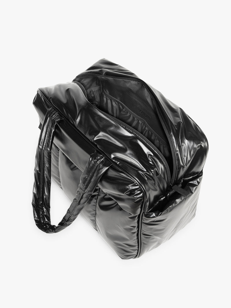 CALPAK Luka Duffel side view in shiny black on a white background
