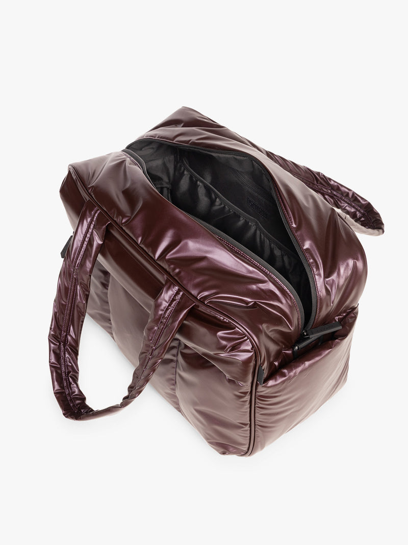 CALPAK Dark Cherry red Luka Duffel side open view on a white background