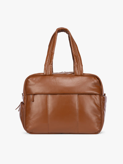 Honey Brown CALPAK Luka Duffel in vegan leather with dual top handles and a front zippered pocket, photographed against a clean white background; DSM1901-HONEY-BROWN-PU view 1