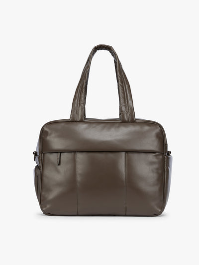 A dark brown Mushroom CALPAK Luka Duffel in vegan leather with dual top handles and a front zippered pocket, photographed against a clean white background; DSM1901-MUSHROOM-PU view 1