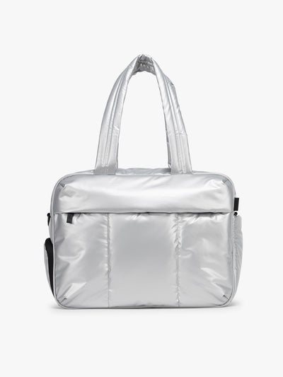 CALPAK Silver Luka Duffel front viewon a white background; DSM1901-SILVER view 1