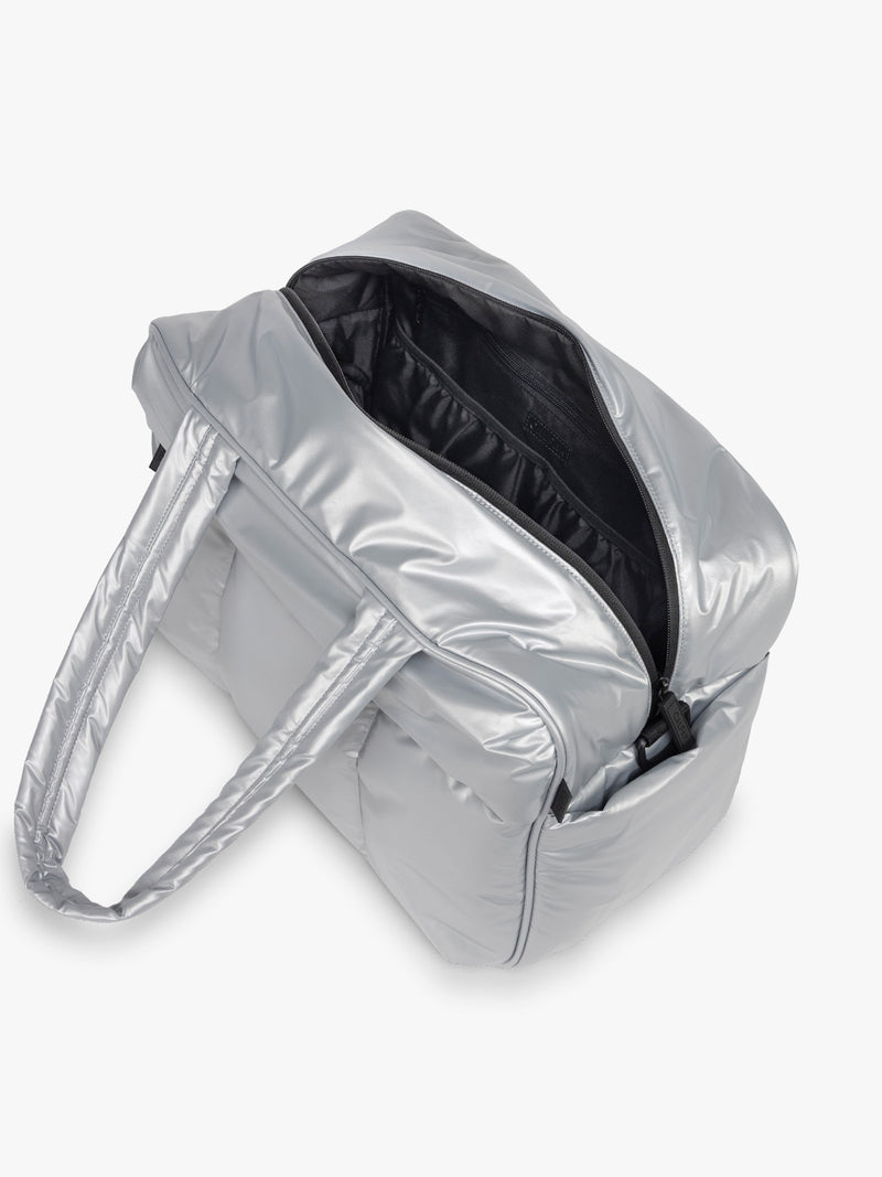 CALPAK Silver Luka Duffel front side open view on a white background