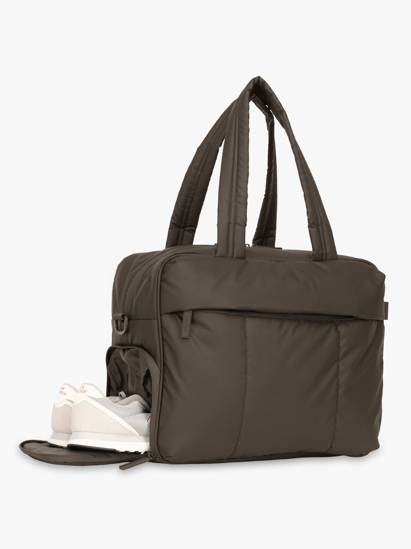 Shoe compartment of CALPAK Luka Duffel in brown Mushroom