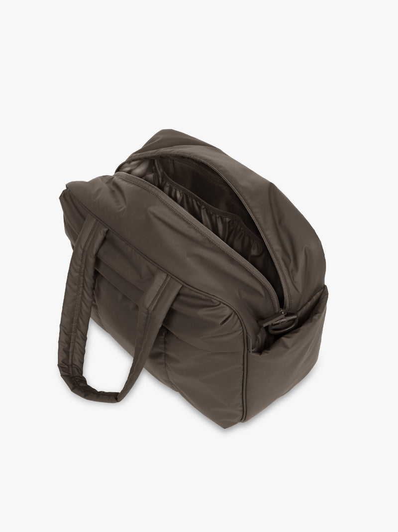 opened CALPAK Luka Duffel in brown Mushroom