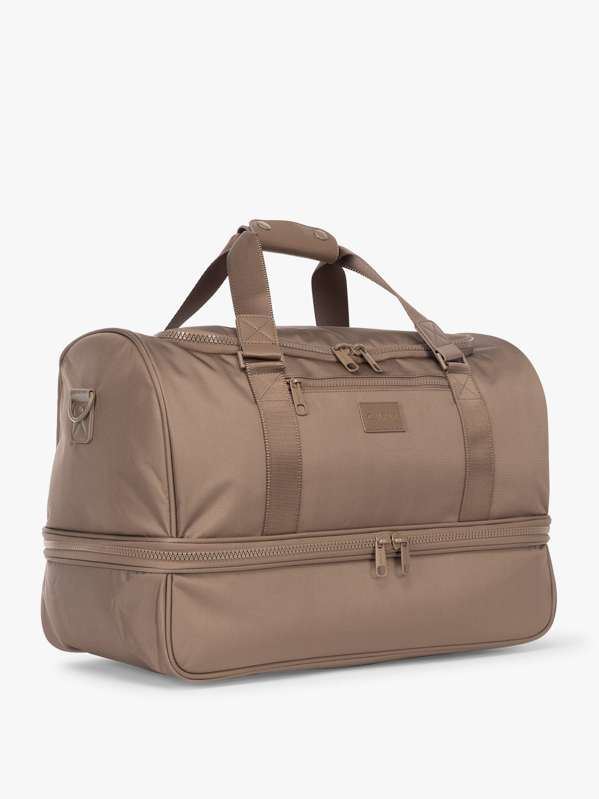Side view of CALPAK Stevyn Duffel with Shoe Compartment in brown Chocolate; DST7019-CHOCOLATE