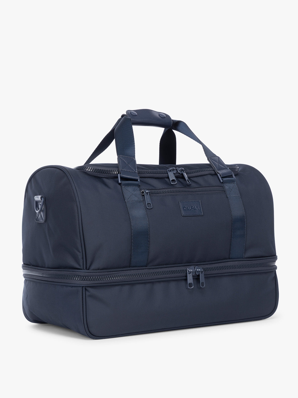 Side View of CALPAK Stevyn Duffel with Shoe Compartment in dark blue Navy; DST7019-NAVY