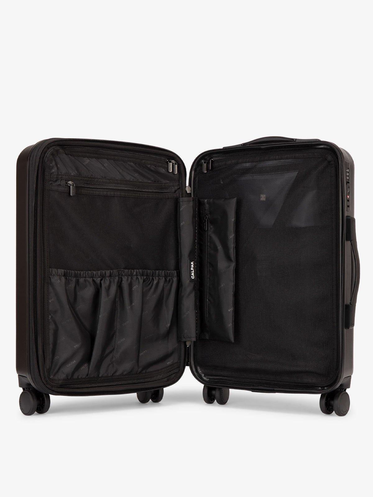 CALPAK Evry Carry-On Luggage features divided compartments with interior pockets for organized packing in black