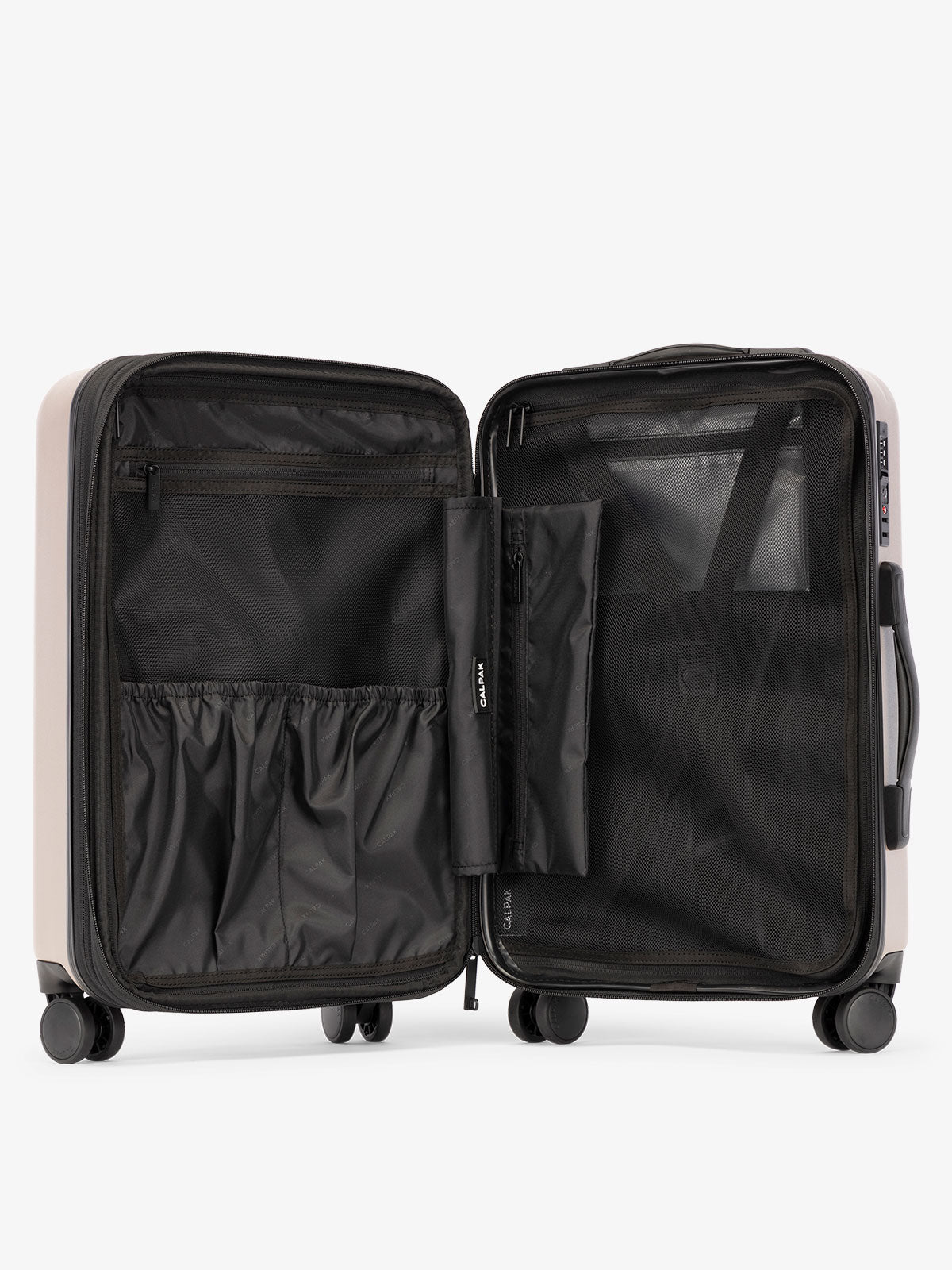 CALPAK Evry Carry-On Luggage features divided compartments with interior pockets for organized packing in brown chocolate; LCO1020-CHOCOLATE