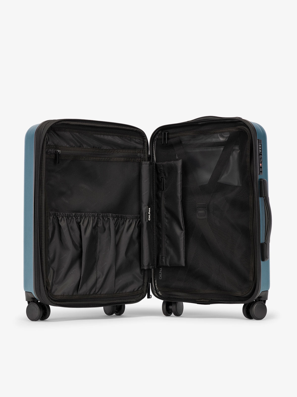 Pacific blue CALPAK Evry Carry-On Luggage features divided compartments with interior pockets for organized packing; LCO1020-PACIFIC