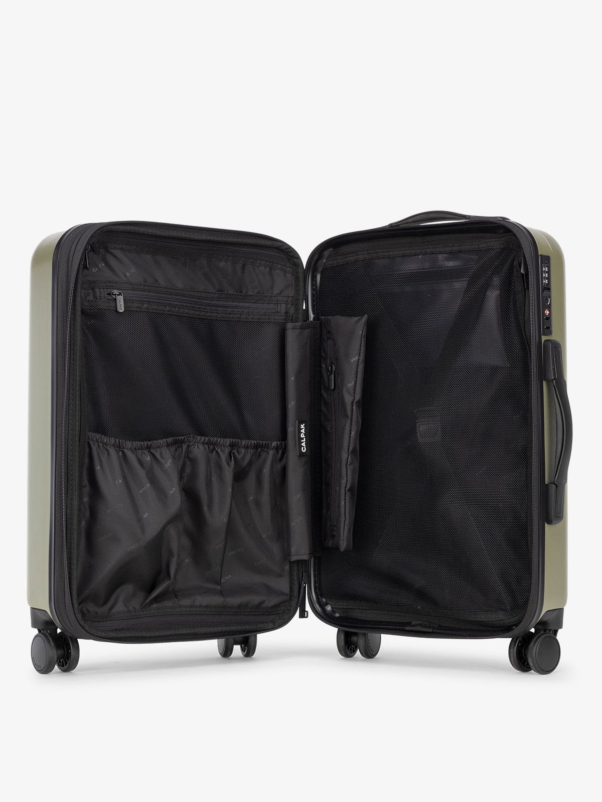 Pistachio CALPAK Evry Carry-On Luggage features divided compartments with interior pockets for organized packing