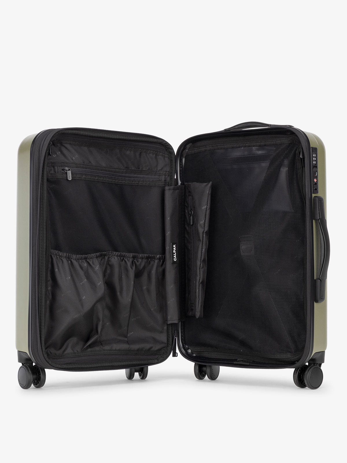 Green pistachio CALPAK Evry Large Luggage features divided compartments with interior pockets for organized packing; LCO1028-PISTACHIO