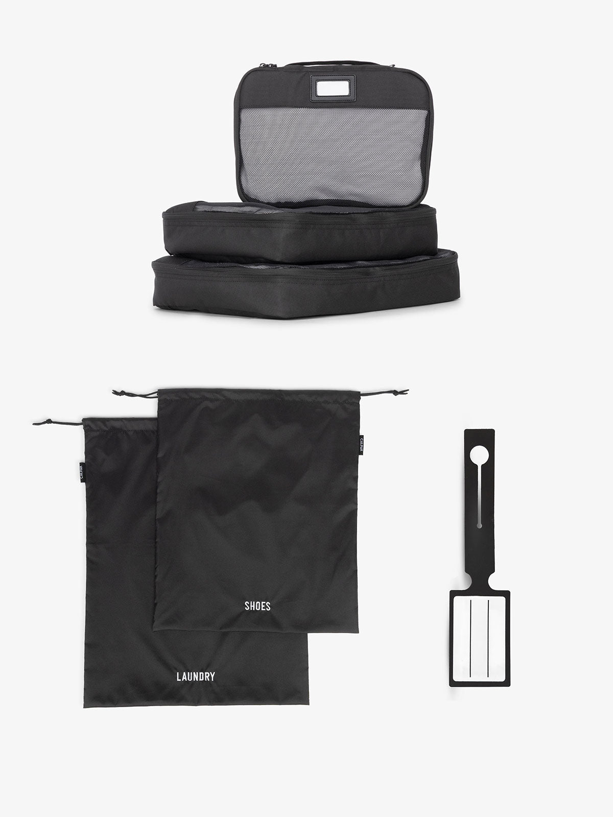 CALPAK Evry Starter Bundle packing cube set of 5 and luggage tag included in set; LCO8000-BLACK, LCO8000-CHOCOLATE, LCO8000-PISTACHIO, LCO8000-PACIFIC, LCO8000-PERSIMMON, LCO8000-BUTTER, LCO8000-SMOKE, LCO8000-ROSE, LCO8000-PINK, LCO8000-MARINE, LCO8000-RASPBERRY