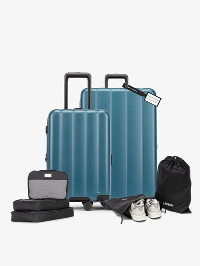 CALPAK starter bundle with carry-on, large luggage, packing cubes, pouches, and luggage tag; LCO8000-PACIFIC