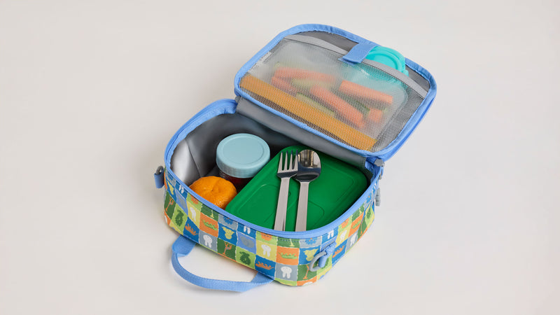 Opened CALPAK Kids Lunch Bag with Miffy and other animal characters along with mesh pockets, utensils and lunch items inside
