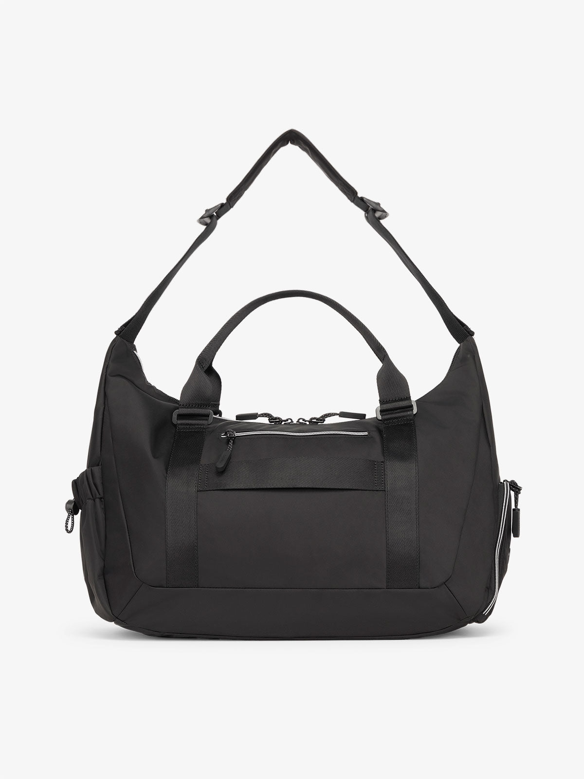 Back view of CALPAK Fit gym sling duffel bag with zippered phone pocket in black; TBF2401-BLACK, TBF2401-BLACK-GRIN, BTBF2401-BLACK