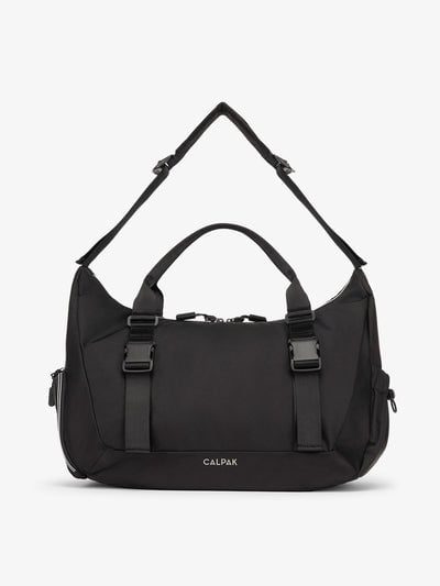 Front view of CALPAK Fit gym duffel bag made with recycled, water resistant material in black; TBF2401-BLACK, TBF2401-BLACK-GRIN, BTBF2401-BLACK