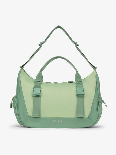 Front view of CALPAK Fit gym duffel bag made with recycled, water resistant material in sage; TBF2401-SAGE, TBF2401-SAGE-GRIN, BTBF2401-SAGE