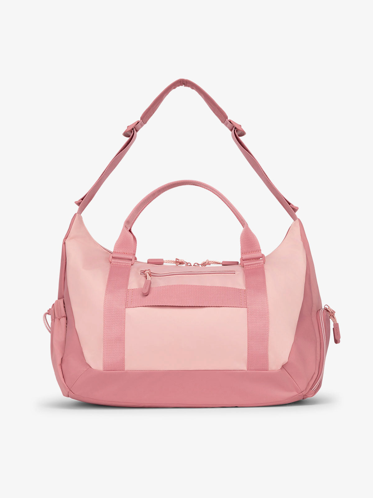 Back view of CALPAK Fit gym sling duffel bag with zippered phone pocket in pink; TBF2401-TEA-ROSE, TBF2401-TEA-ROSE-GRIN, BTBF2401-TEA-ROSE