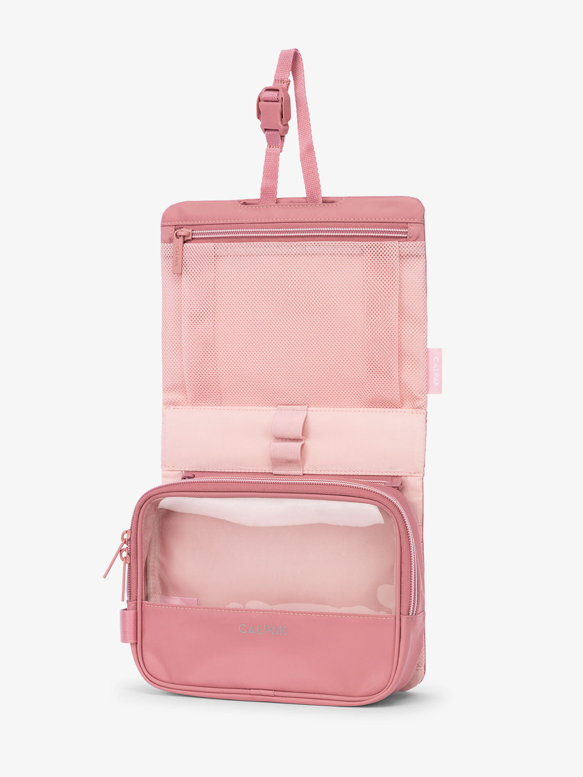 CALPAK Fit Hanging Dopp Kit with collapsible hanging hook and multiple interior mesh pockets in tea rose pink; TFH2401-TEA-ROSE, TFH2401-TEA-ROSE-GRIN, BTBF2401-TEA-ROSE