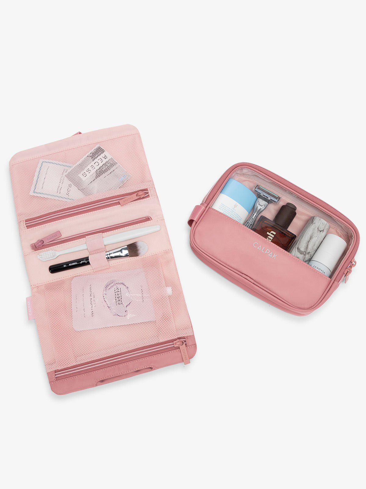 CALPAK Fit gym toiletry bag with removable dopp kit with clear window, elastic loops and multiple interior mesh pockets in pink; TFH2401-TEA-ROSE, TFH2401-TEA-ROSE-GRIN, BTBF2401-TEA-ROSE