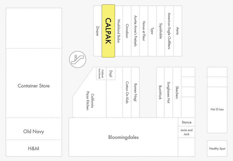Map of Century City Mall in California showing where the CALPAK store is located , between Zinque and Wushiland Boba