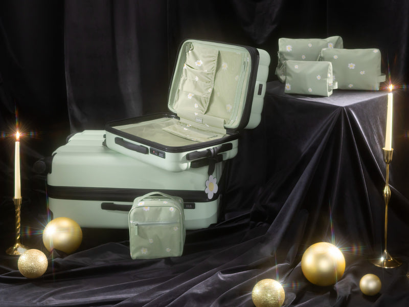 Festive holiday setting featuring CALPAK Evry Starter Bundle in Daisy