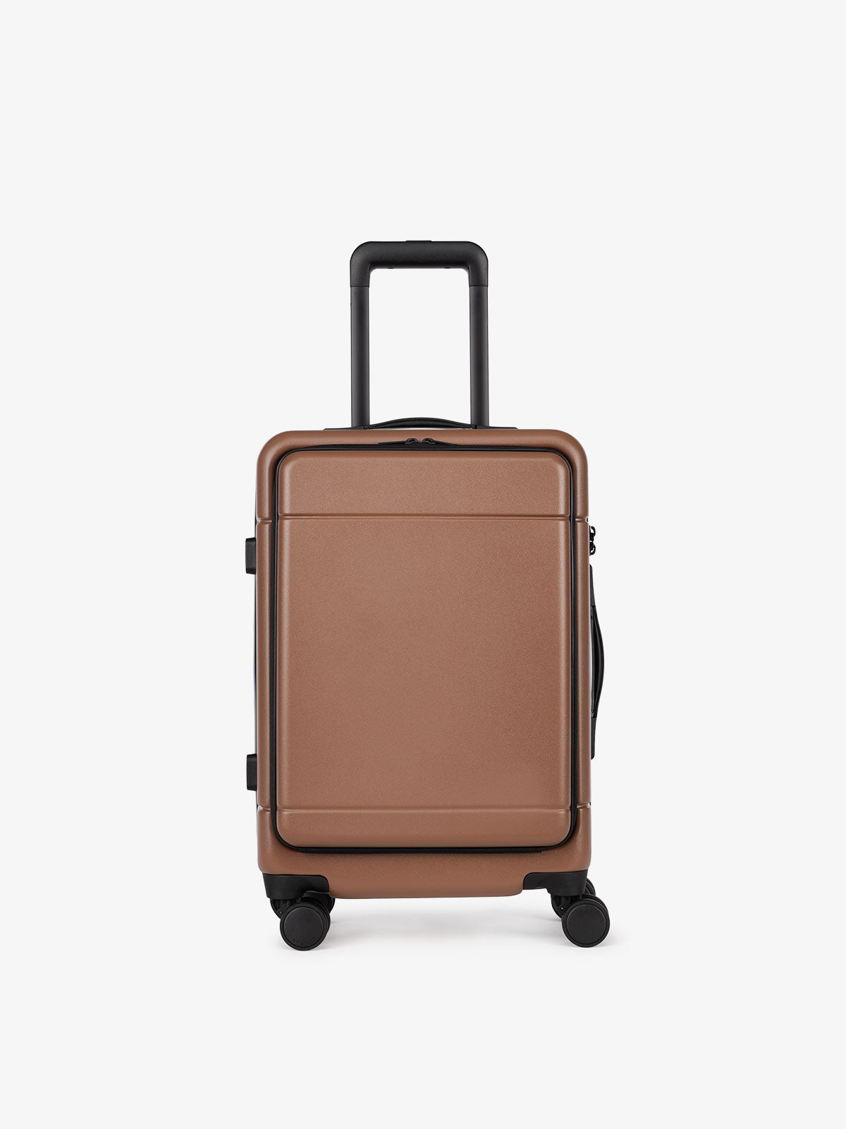 CALPAK Hue hardside carry-on suitcase with laptop pocket in brown hazel color; LHU1020-HAZEL