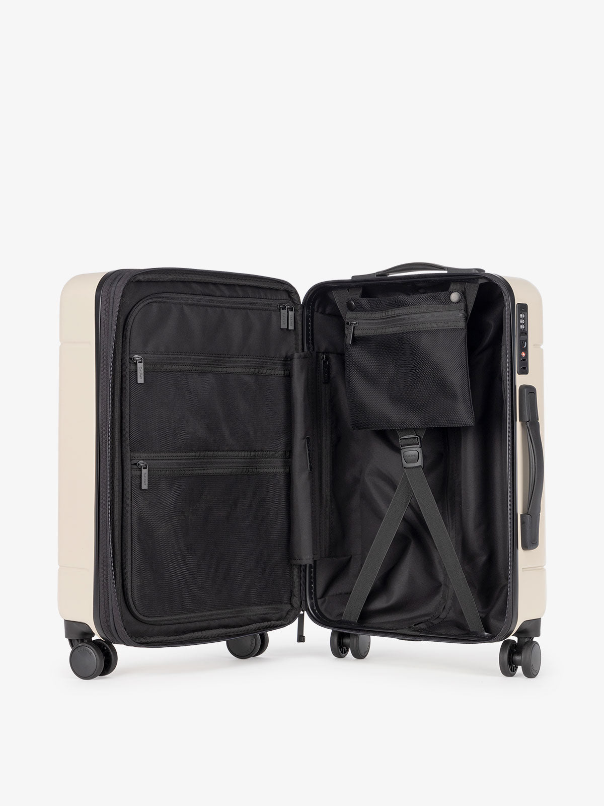interior CALPAK Hue hard shell carry-on spinner luggage in linen cream; LHU1020-NP-LINEN