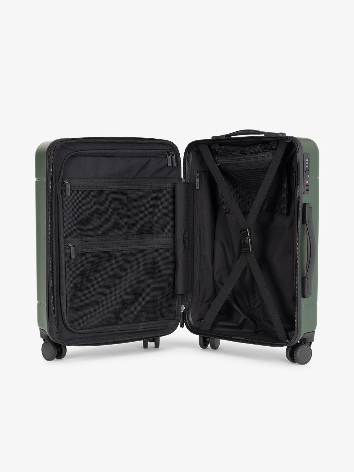 CALPAK Hue Carry-On Luggage open interior shown in hard shell in green emerald; LHU1020-NP-EMERALD
