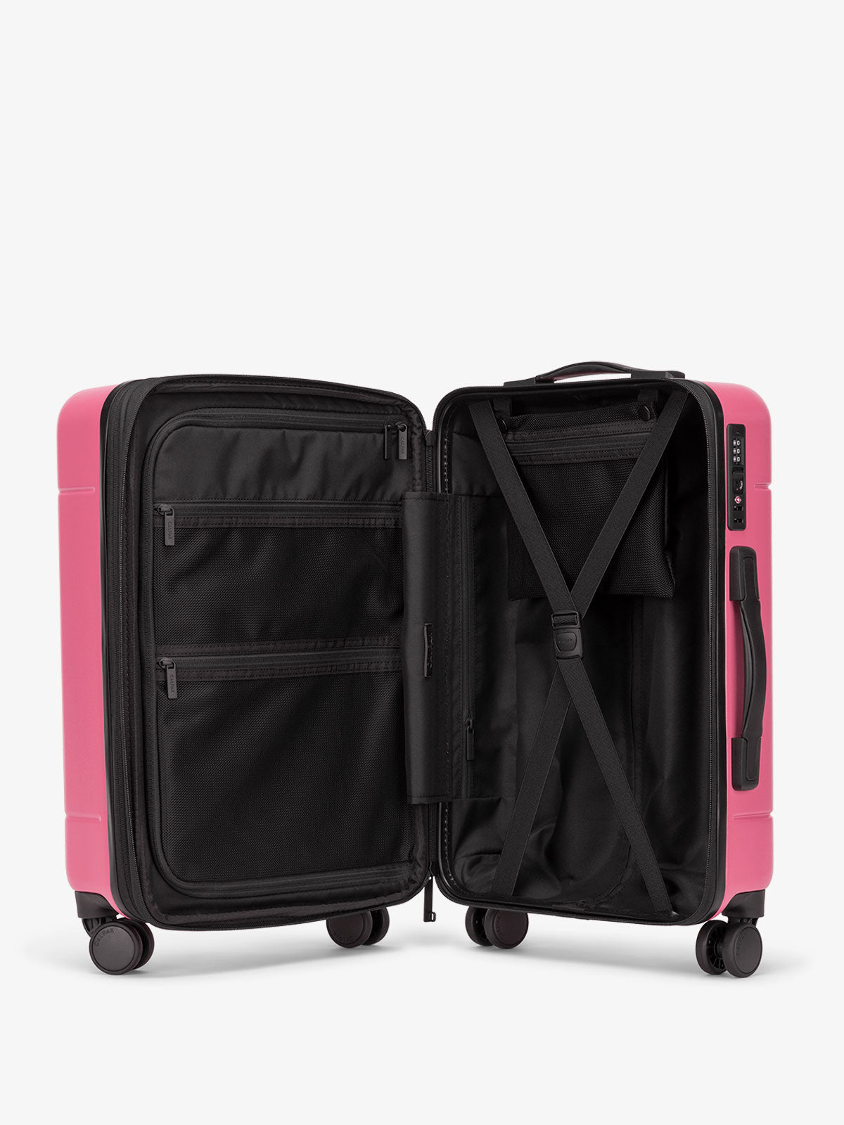 CALPAK Interior of Hue rolling carry-on suitcase in hot pink dragonfruit; LHU1020-NP-DRAGONFRUIT