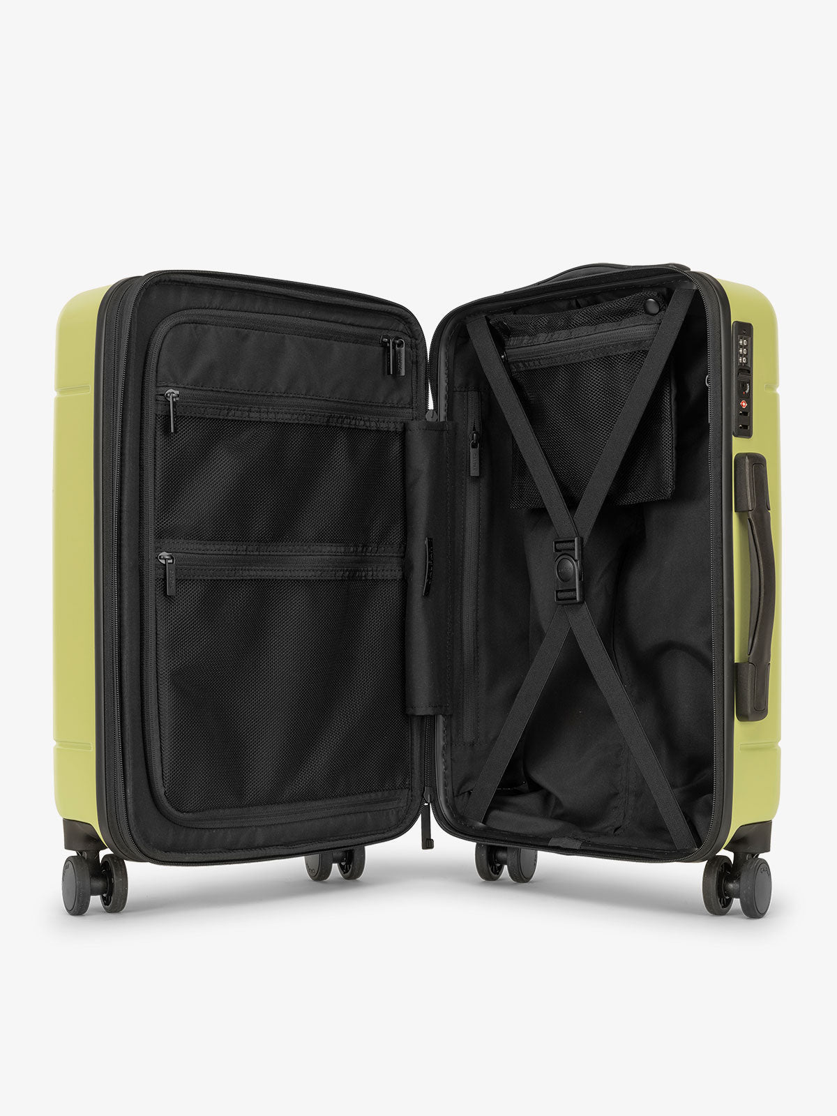 CALPAK Interior of Hue rolling carry-on suitcase in key lime green; LHU1020-NP-KEY-LIME