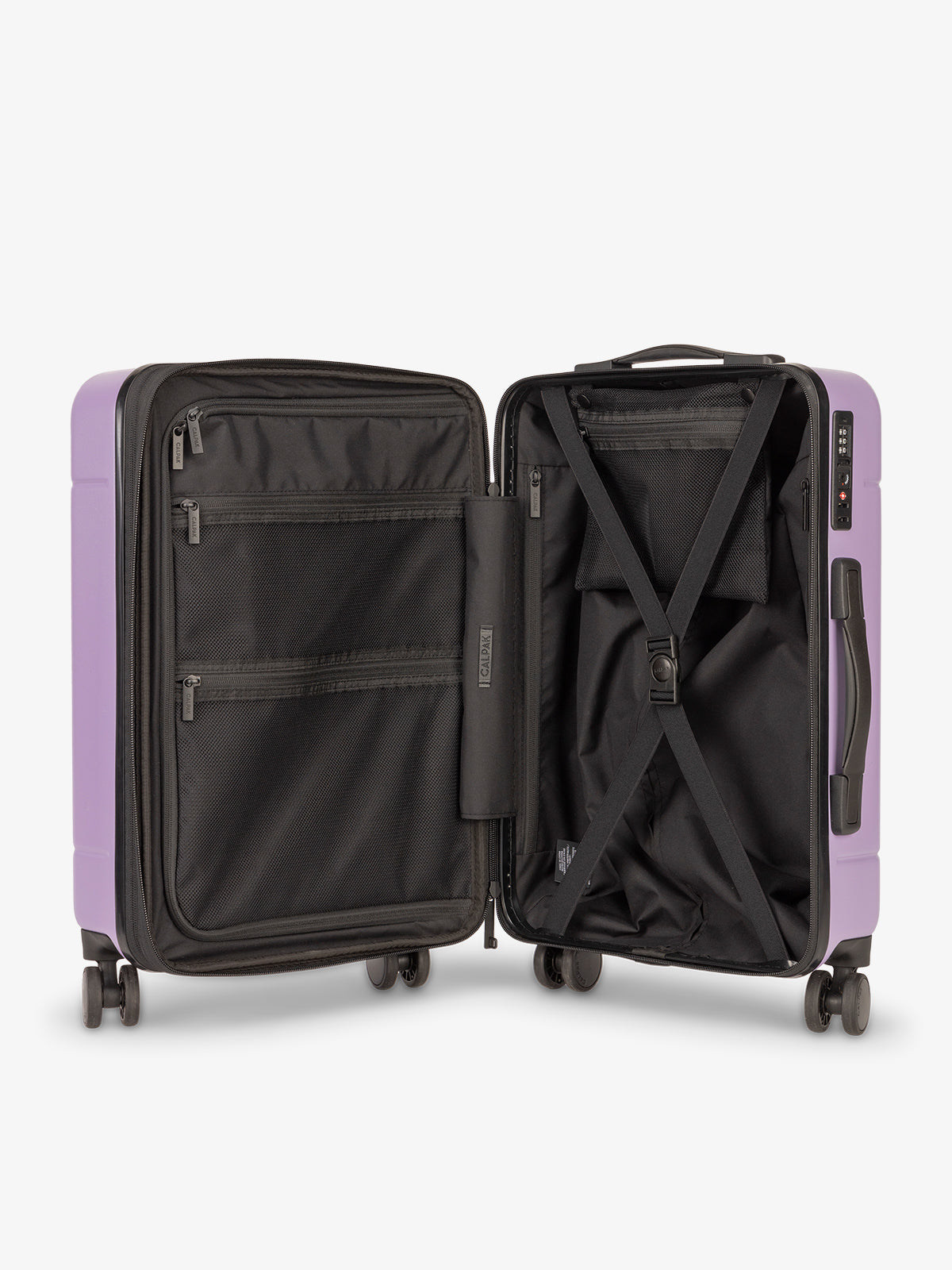 CALPAK Interior of Hue rolling carry-on suitcase in orchid; LHU1020-NP-ORCHID