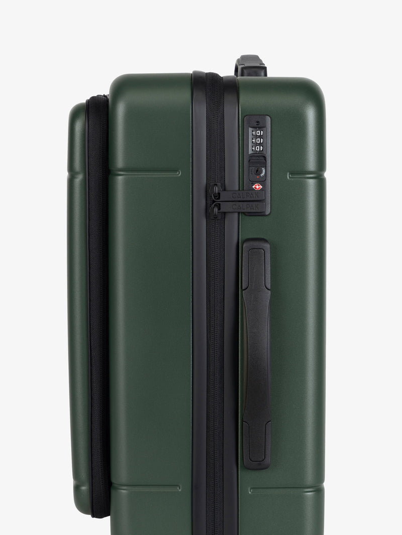CALPAK Hue Front Pocket Carry-On Luggage side view with TSA-friendly lock with telescopic handle in green Emerald