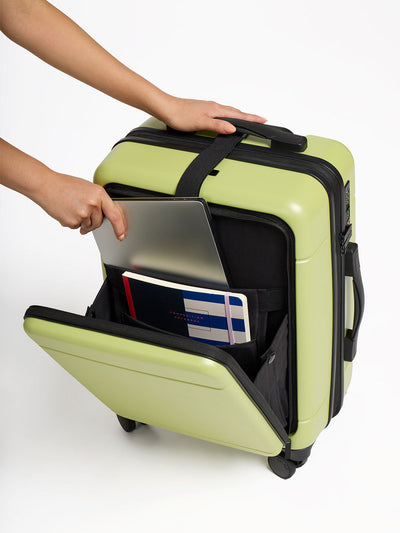 CALPAK Hue carry-on hard shell luggage with front pocket in green key lime; LHU1020-KEY-LIME view 2