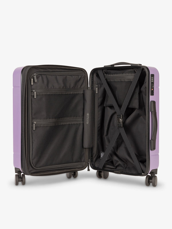Orchid purple CALPAK Hue hardside carry on suitcase with laptop compartment and compression straps