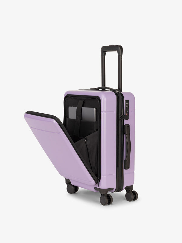 Hue carry-on hard shell luggage with front pocket in purple orchid