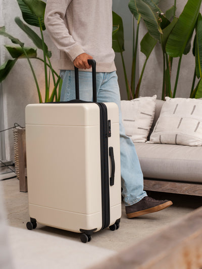 large 30 inch durable hard shell polycarbonate cream linen luggage from CALPAK Hue collection; LHU1028-LINEN