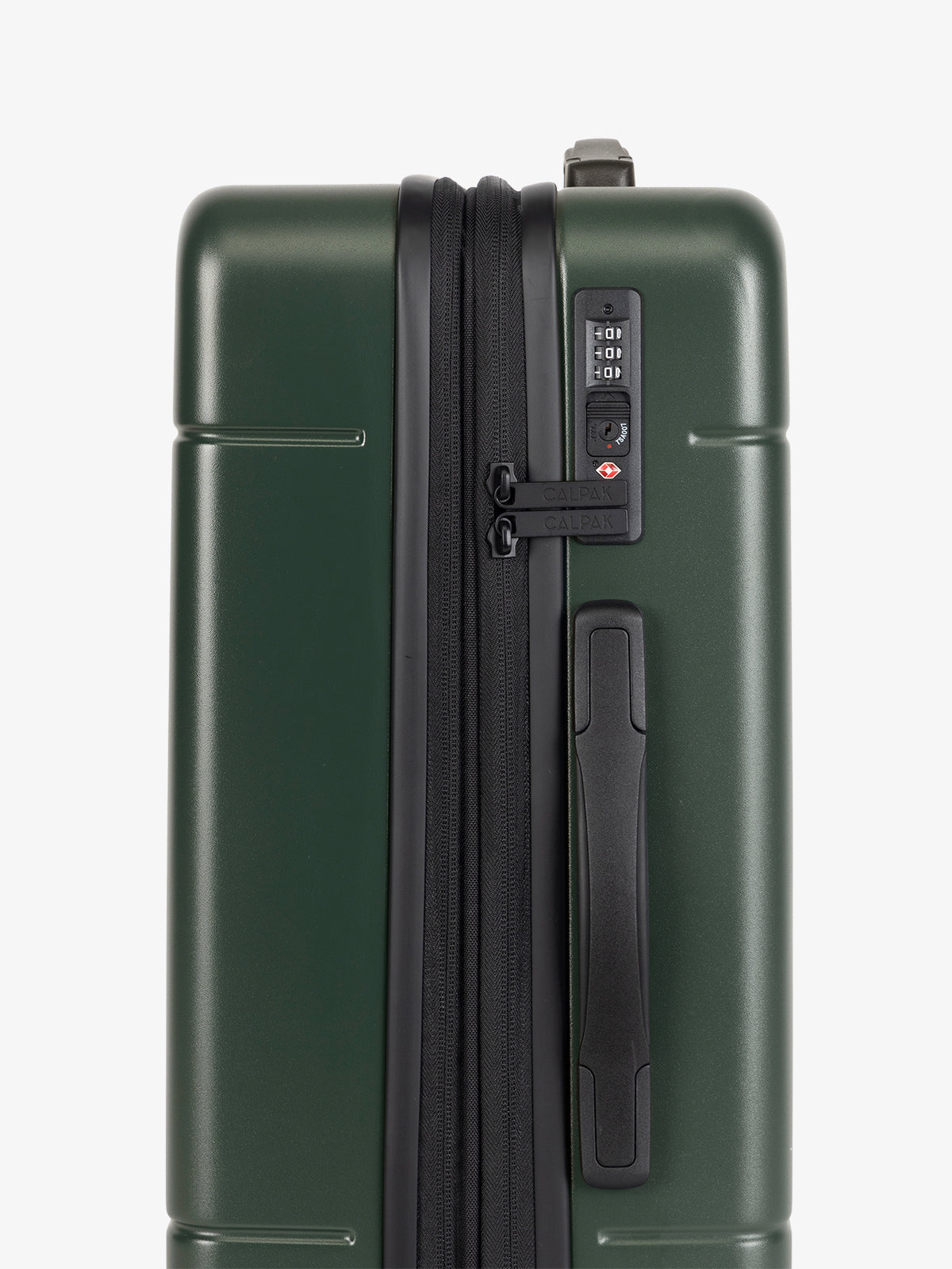 CALPAK Hue Medium 26 inch hardside Luggage side view with TSA-friendly lock in green Emerald; LHU1024-EMERALD