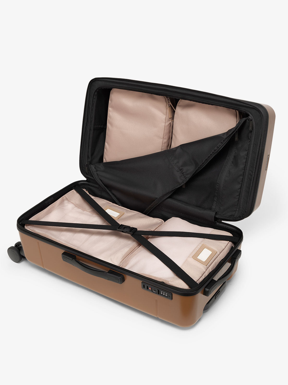 CALPAK Hue medium trunk suitcase with spacious interior and zippered divider with pockets in brown hazel; LHU1026-HAZEL