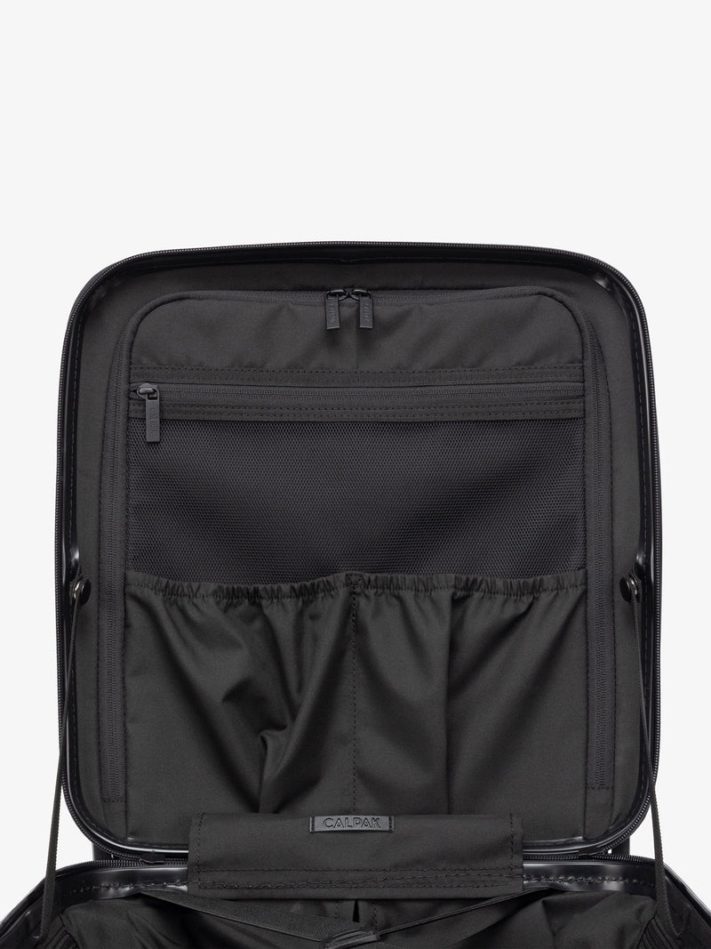CALPAK Hue Mini Carry-On Luggage opened interior detail in green Emerald