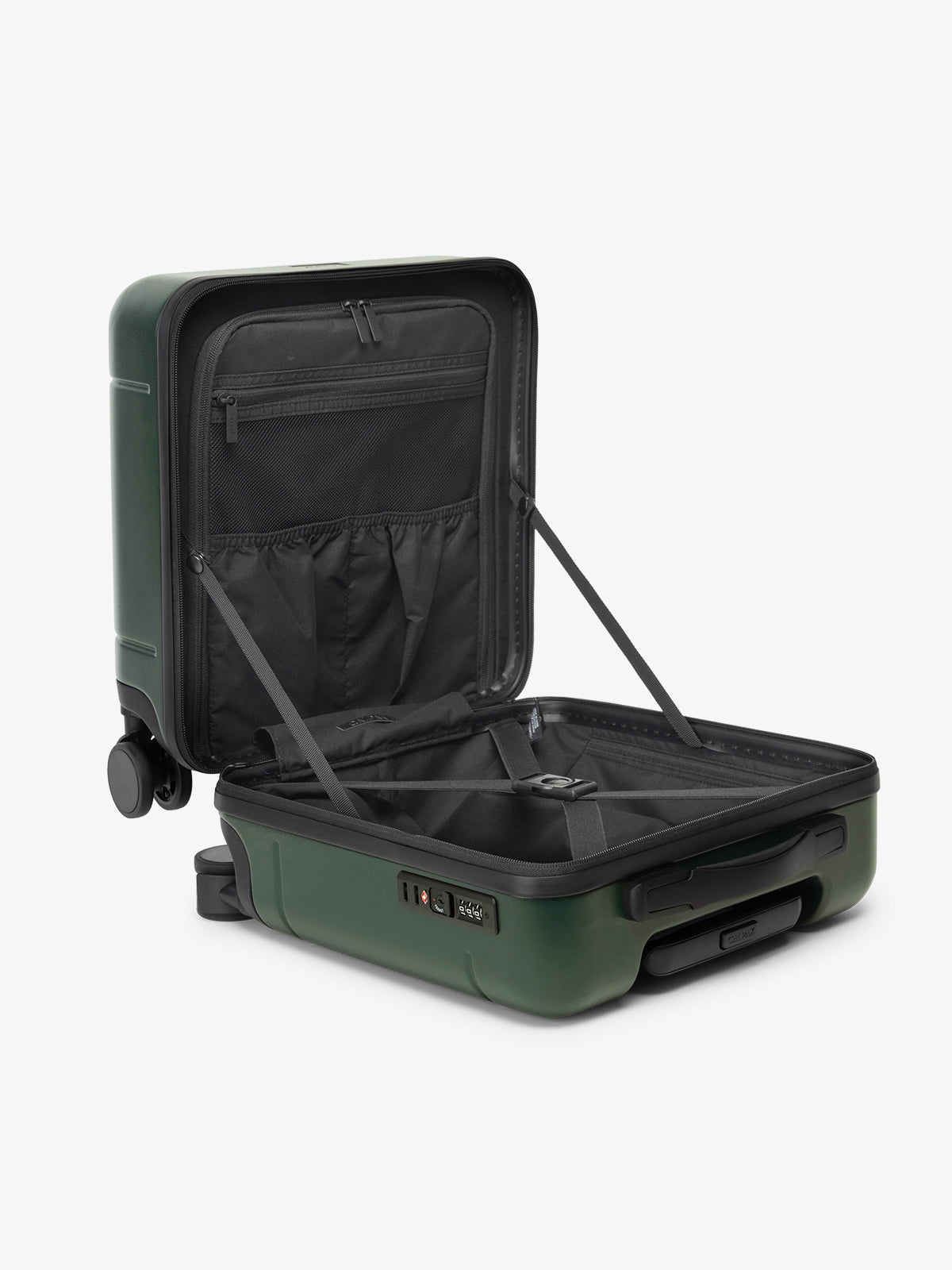 CALPAK Hue Mini Carry-On Luggage interior opened in green Emerald; LHU1014-EMERALD