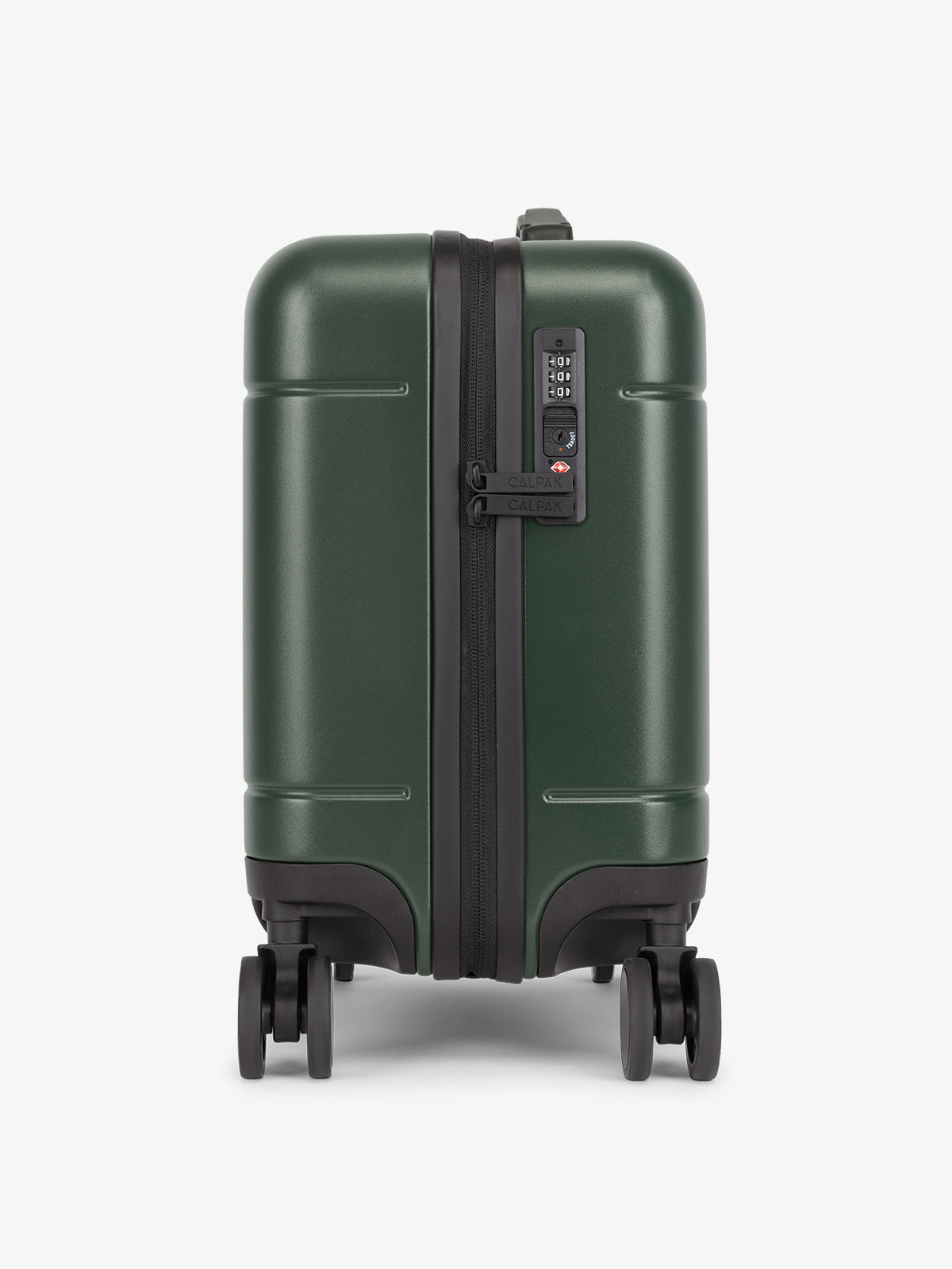 CALPAK Hue Mini Carry-On Luggage side view with TSA-friendly lock in green Emerald; LHU1014-EMERALD