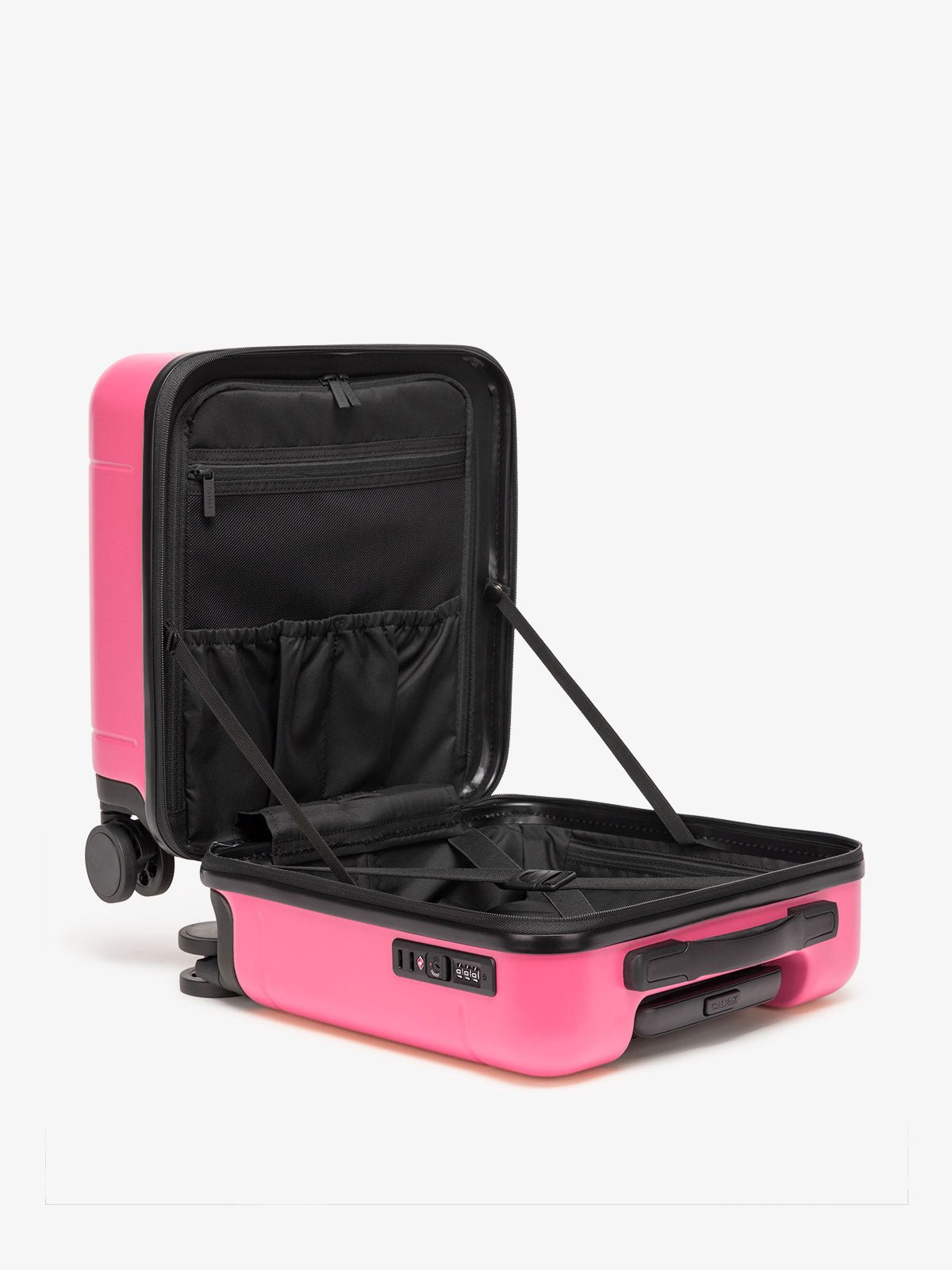 Hue small carry-on featuring compression straps in hot pink