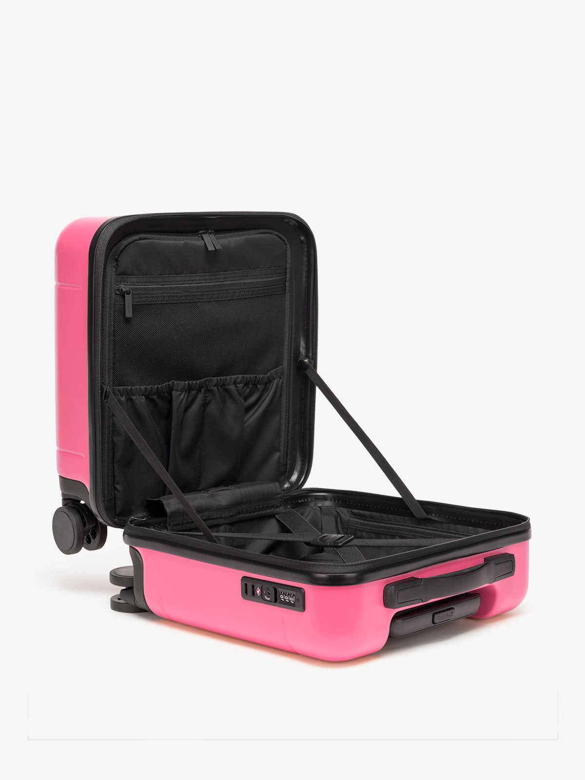 CALPAK Hue small carry-on featuring compression straps in hot pink; LHU1014-DRAGONFRUIT