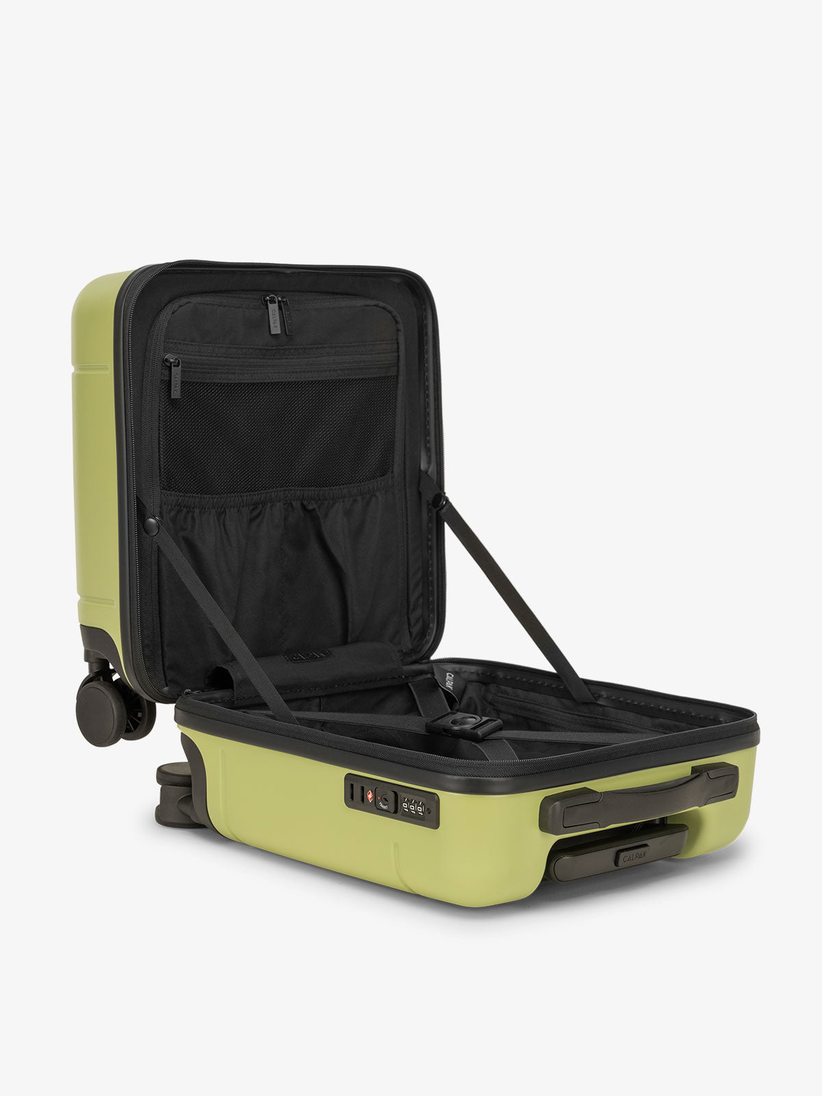 CALPAK Hue small carry-on featuring compression straps in key lime green; LHU1014-KEY-LIME